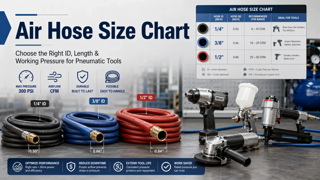 Air Hose Size Chart How to Choose the Right ID, Length, and Working Pressure for Pneumatic Tools