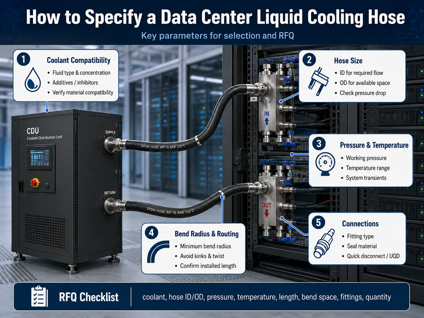EPDM data center liquid cooling hose selection diagram showing coolant compatibility, hose size, pressure, temperature, bend radius, and fittings