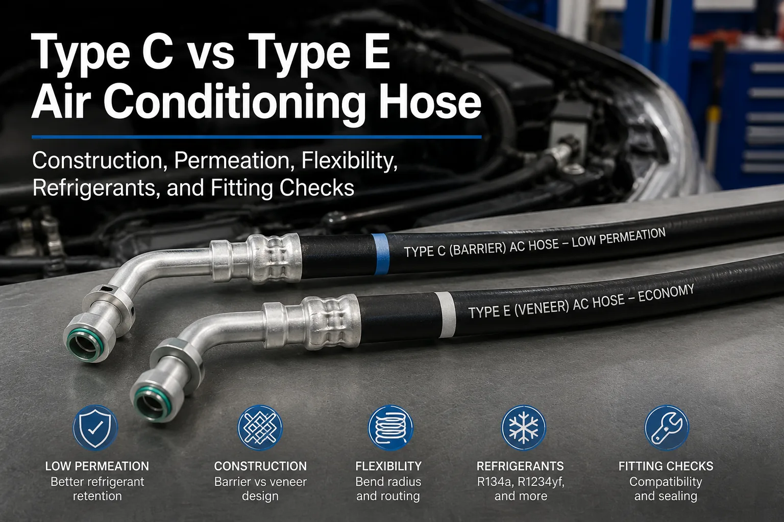 Type C vs Type E Air Conditioning Hose Construction, Permeation, Flexibility, Refrigerants, and Fitting Compatibility