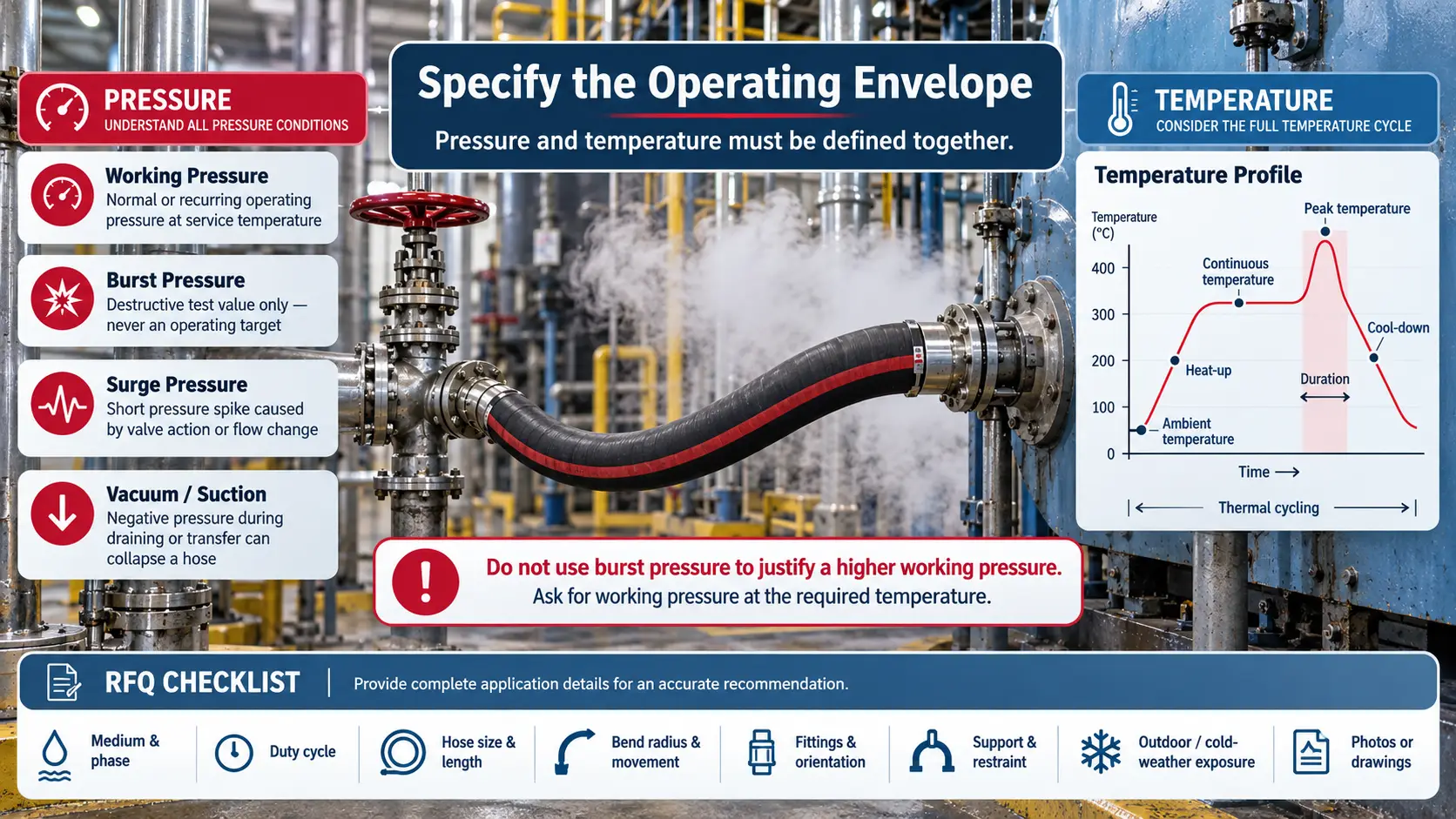 Steam hose pressure and temperature operating envelope infographic showing working pressure, burst pressure, surge pressure, vacuum, thermal cycling, and RFQ requirements