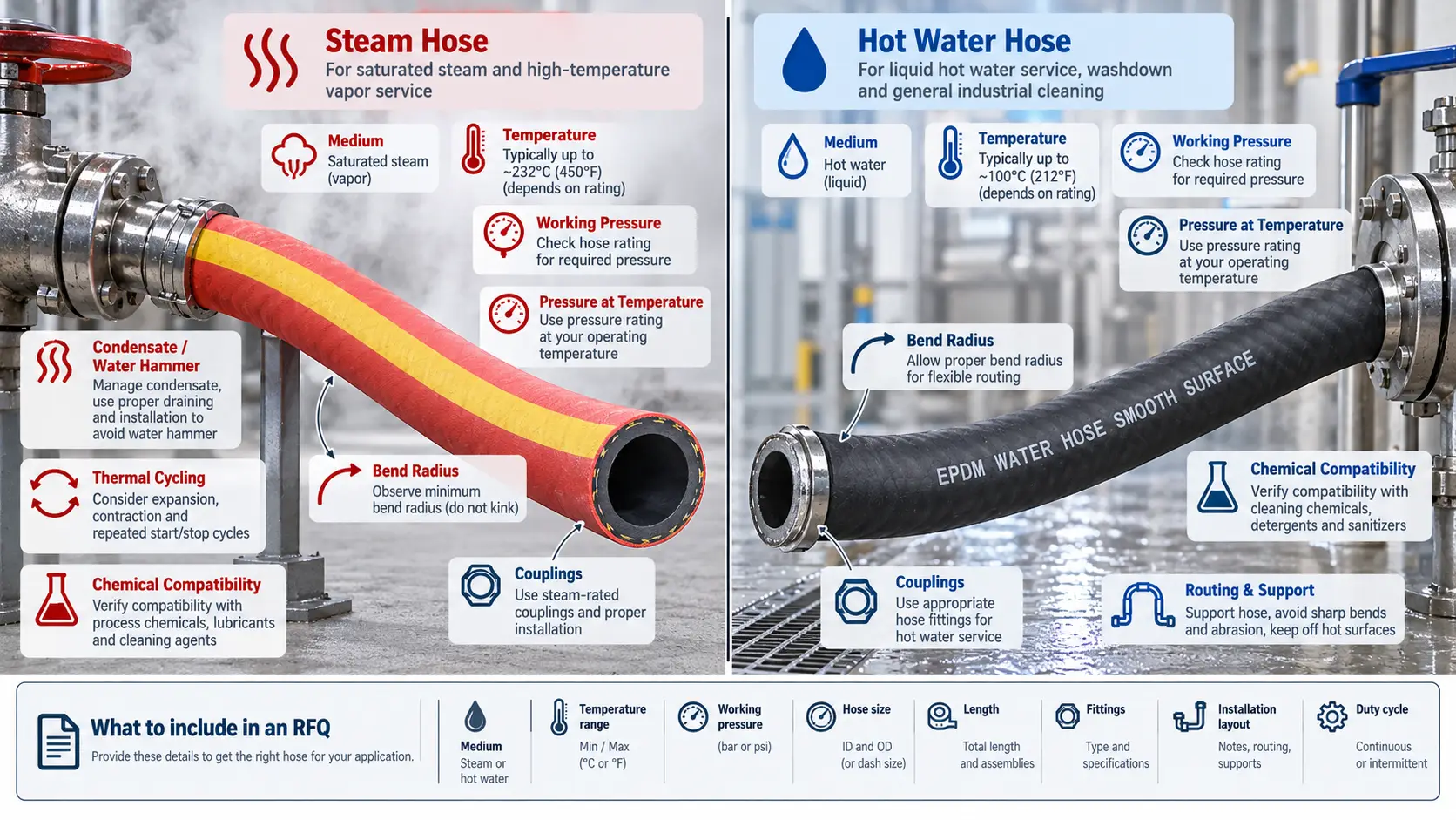 Steam hose vs hot water hose selection diagram showing medium, temperature, working pressure, bend radius, couplings, chemical compatibility, and RFQ requirements