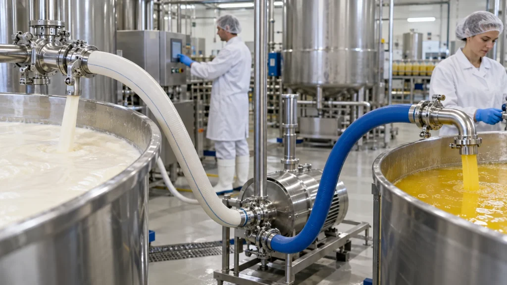 Food hose assembly used for fatty and non-fatty product transfer in a processing plant