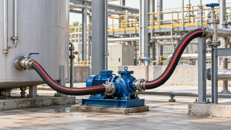 Industrial oil transfer hose connecting a pump between a storage tank and a process line