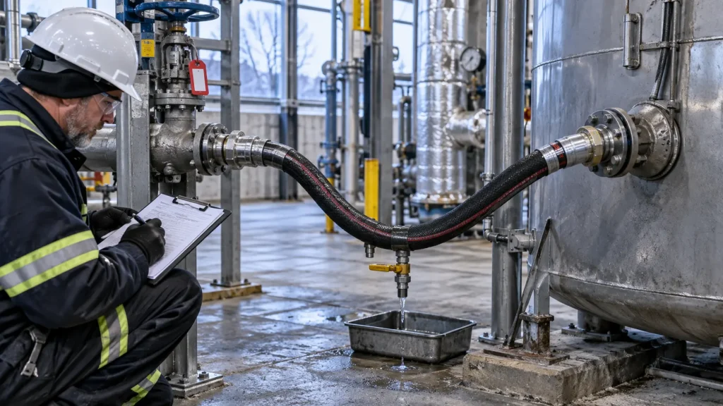 Technician inspecting an isolated steam hose assembly before winter in an industrial plant