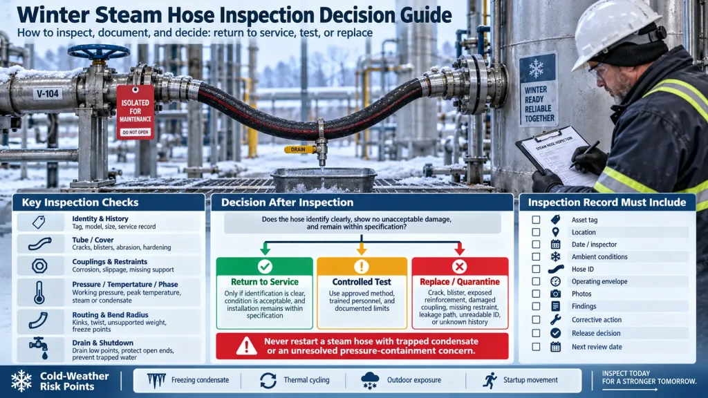 Winter steam hose inspection checklist showing hose condition checks, return-to-service, testing or replacement decisions, inspection records, and cold-weather risks